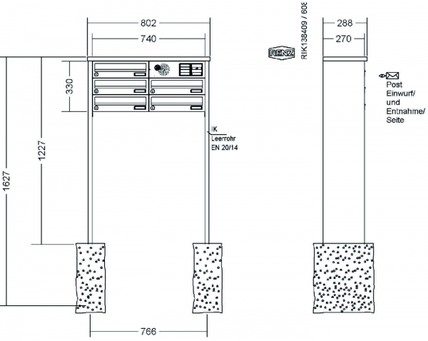 RENZ Briefkastenanlage freistehend, Tetro, Edelstahl V4A, Kastenformat 370x110x270mm, mit Klingel - & Lichttaster und Vorbereitung Gegensprechanlage, 5-teilig
